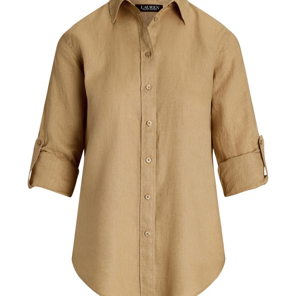 Lauren Ralph Lauren Women's Tan Button Down 100% linen Shirt - Picture 1 of 5